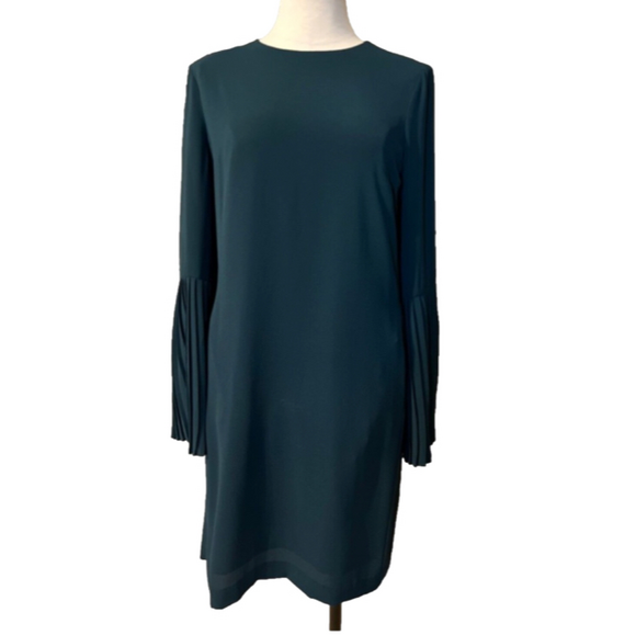 Maggy London Dress 12 Dark Green Long Pleat Sleeve Shift Pockets Washable NEW - Picture 1 of 12